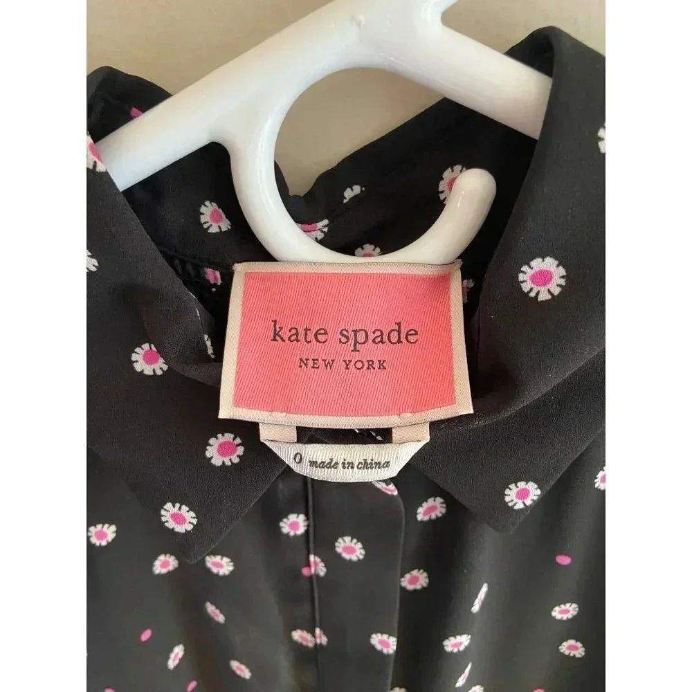 Kate Spade New York Daisy Dot Shirt Dress Size 0 Black Pink Polka Dot Florals